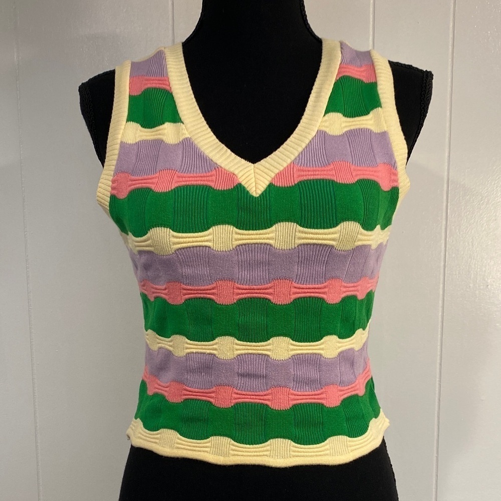 Dreamers by Debut Striped Sweater Vest V-Neck Green Pink Juniors Medium